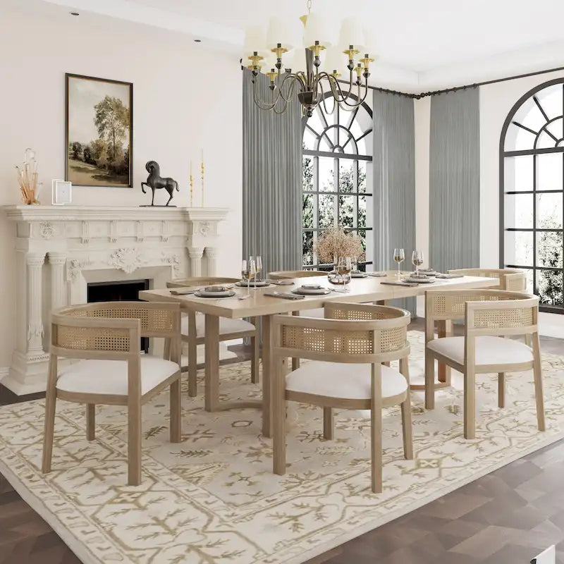 Lythor 7pc Dining Set with Cushioned Seats, Cane Rattan Webbing, Rubberwood by