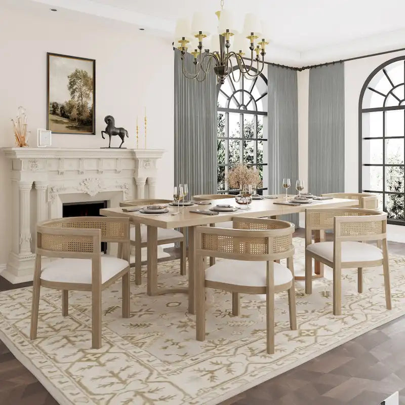 Lythor 7pc Dining Set with Cushioned Seats, Cane Rattan Webbing, Rubberwood by 