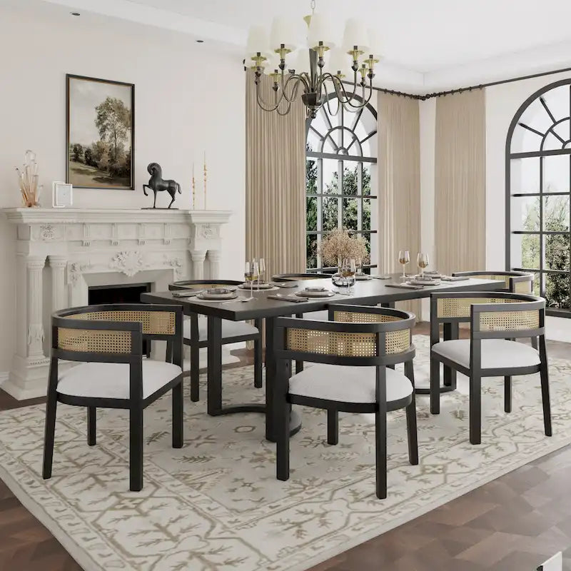 Lythor 7pc Dining Set with Cushioned Seats, Cane Rattan Webbing, Rubberwood by