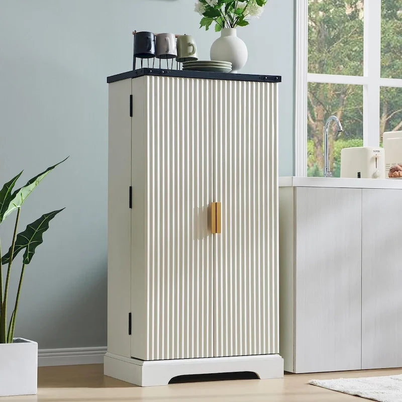 Modern Fluted Pantry Cabinet, Storage Cabinet, Wood Cupboard Organizer