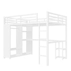 Queen Loft Bed - Built-in Wardrobe & Desk, Metal Frame with Shelves
