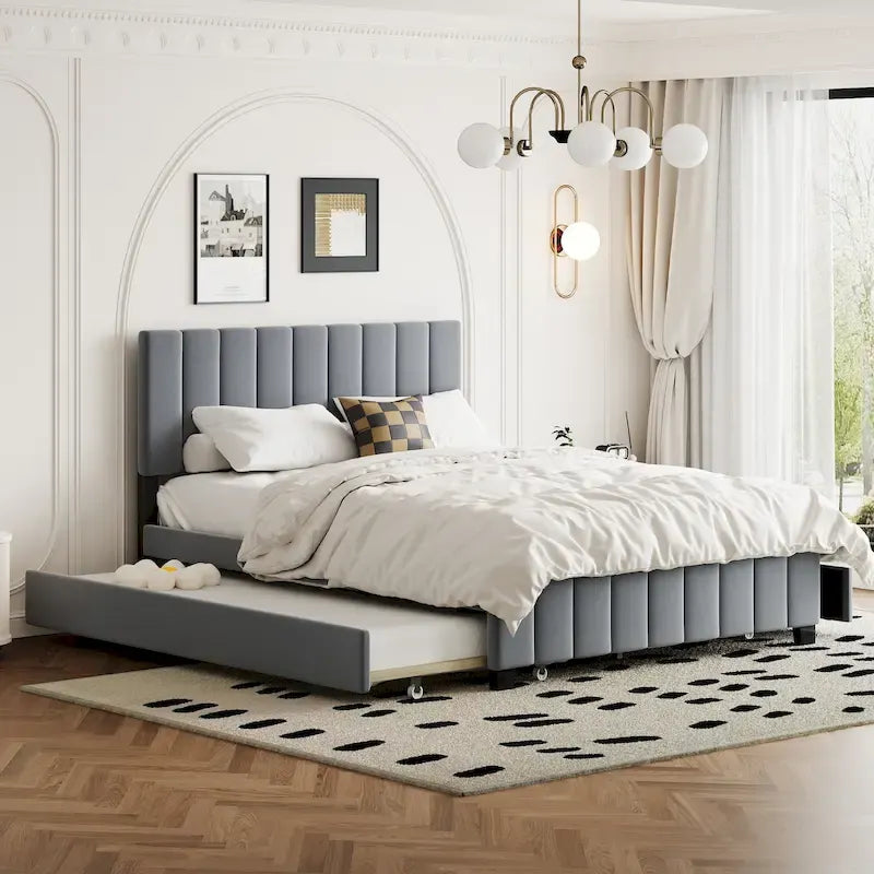 Queen Size Velvet Bed with 2 Drawers and Twin XL Trundle