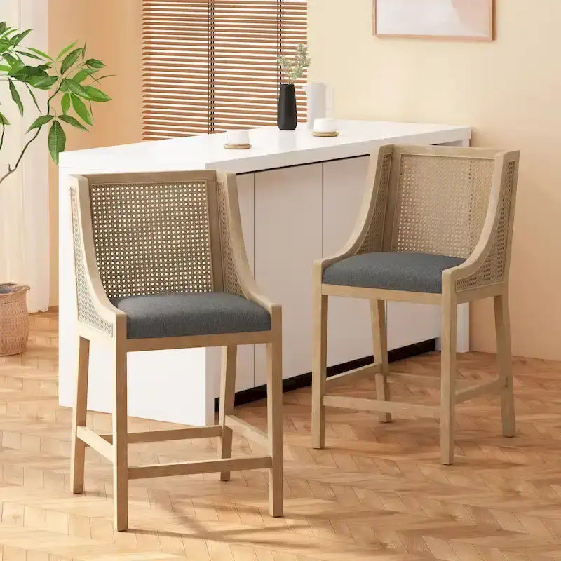 Cataldo Fabric Upholstered Wood and Cane 25.5-Inch Counter Stools (Set of 2)