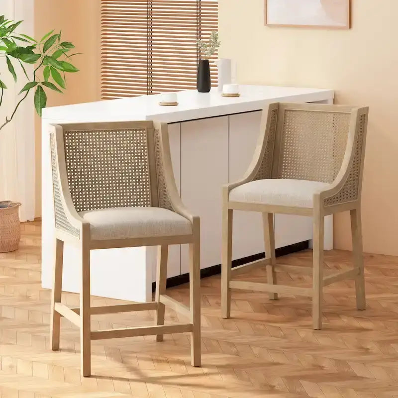 Cataldo Fabric Upholstered Wood and Cane 25.5-Inch Counter Stools (Set of 2)