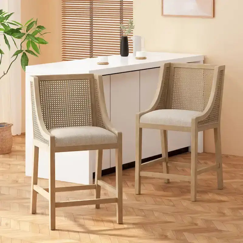  Cataldo Fabric Upholstered Wood and Cane 25.5-Inch Counter Stools (Set of 2)