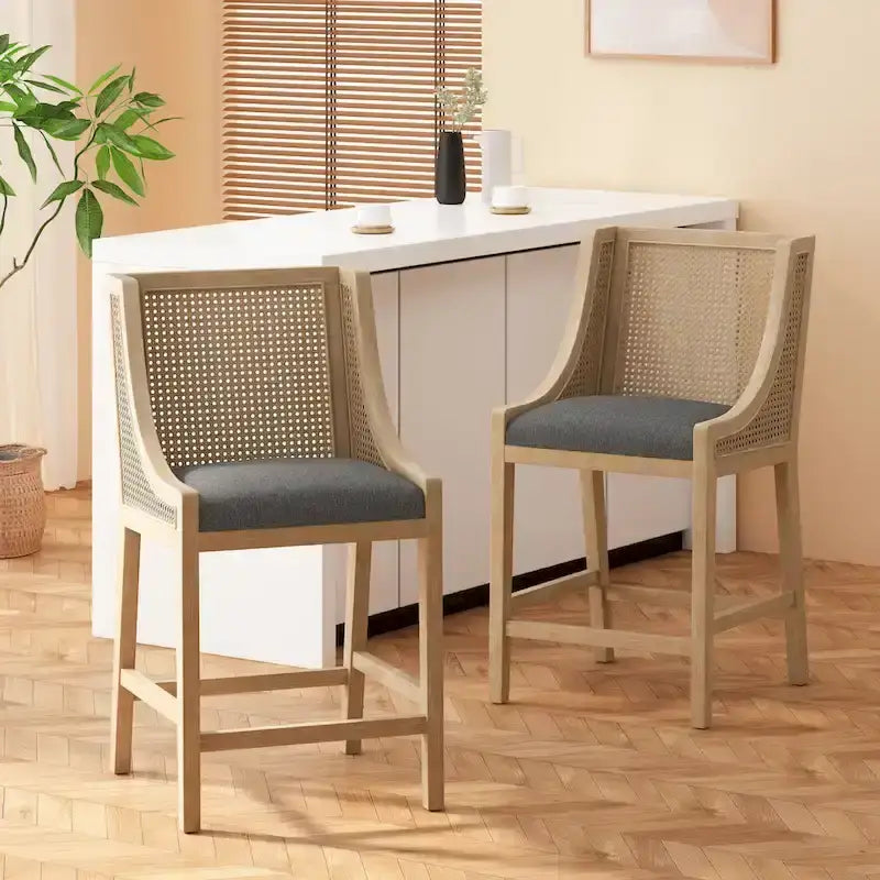 Cataldo Fabric Upholstered Wood and Cane 25.5-Inch Counter Stools (Set of 2)