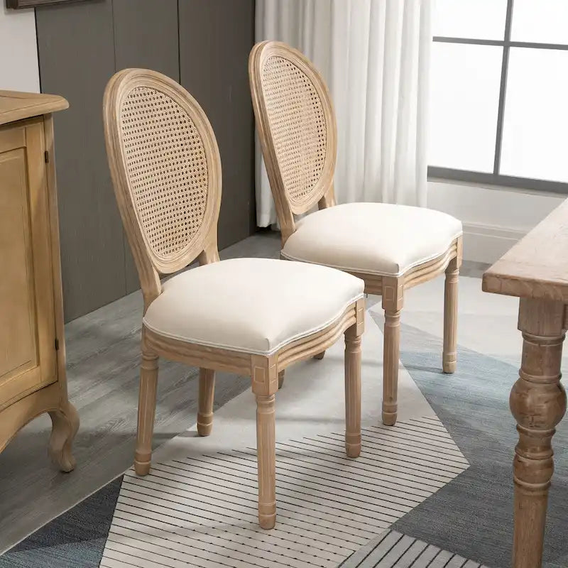HOMCOM French-Style Upholstered Dining Chair Set, Armless Accent Side Chairs with Rattan Backrest and Linen-Touch Upholstery