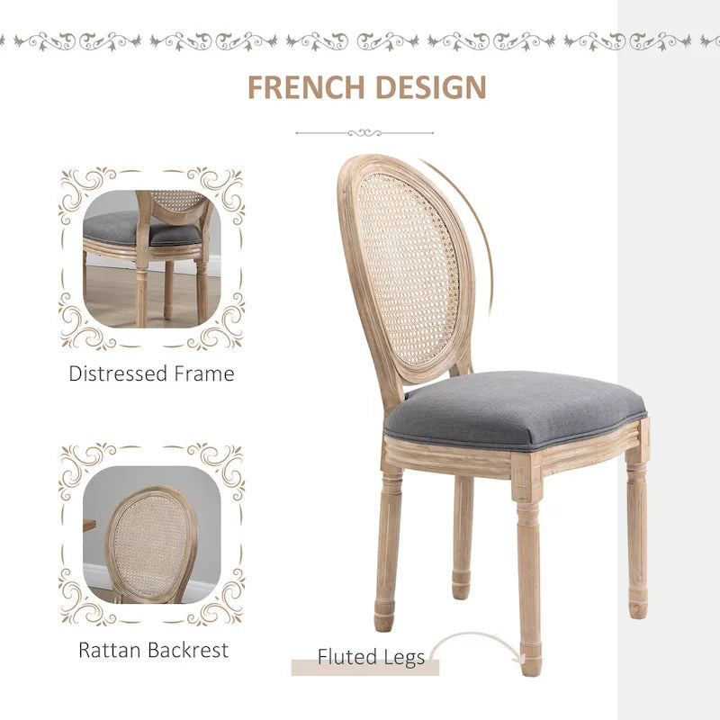 HOMCOM French-Style Upholstered Dining Chair Set, Armless Accent Side Chairs with Rattan Backrest and Linen-Touch Upholstery