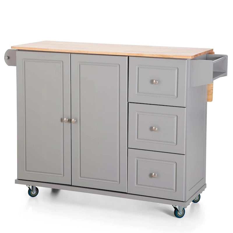 Kitchen Island Cart with Drop-Leaf and Rubber Wood Top, Rolling Kitchen Trolley Cart with Large Storage Cabinet
