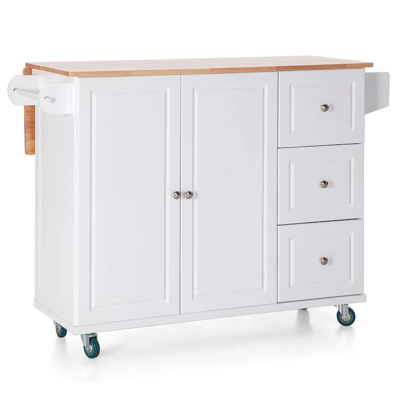 Kitchen Island Cart with Drop-Leaf and Rubber Wood Top, Rolling Kitchen Trolley Cart with Large Storage Cabinet