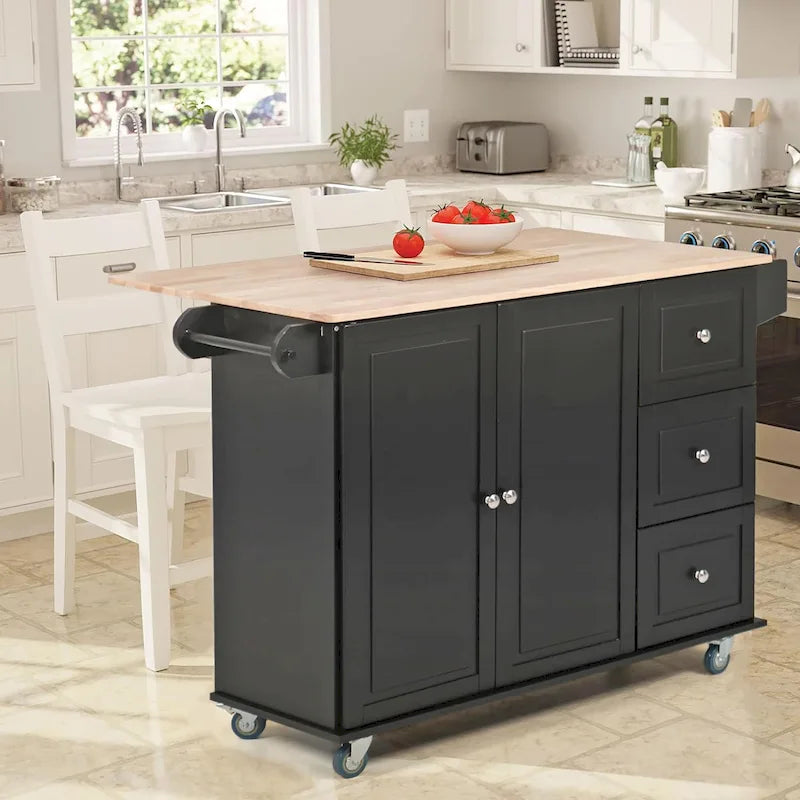Kitchen Island Cart with Drop-Leaf and Rubber Wood Top, Rolling Kitchen Trolley Cart with Large Storage Cabinet