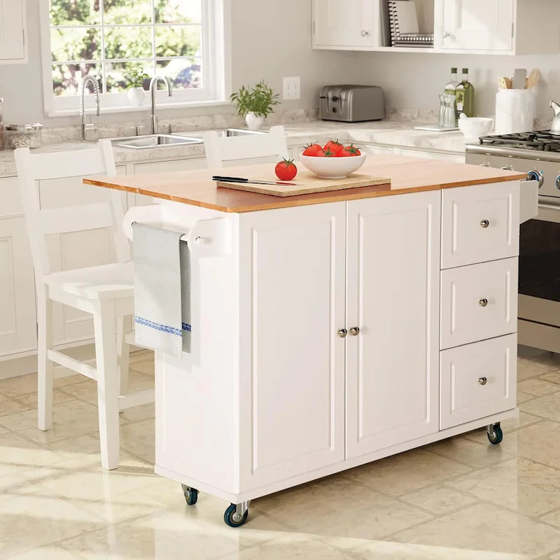 Kitchen Island Cart with Drop-Leaf and Rubber Wood Top, Rolling Kitchen Trolley Cart with Large Storage Cabinet