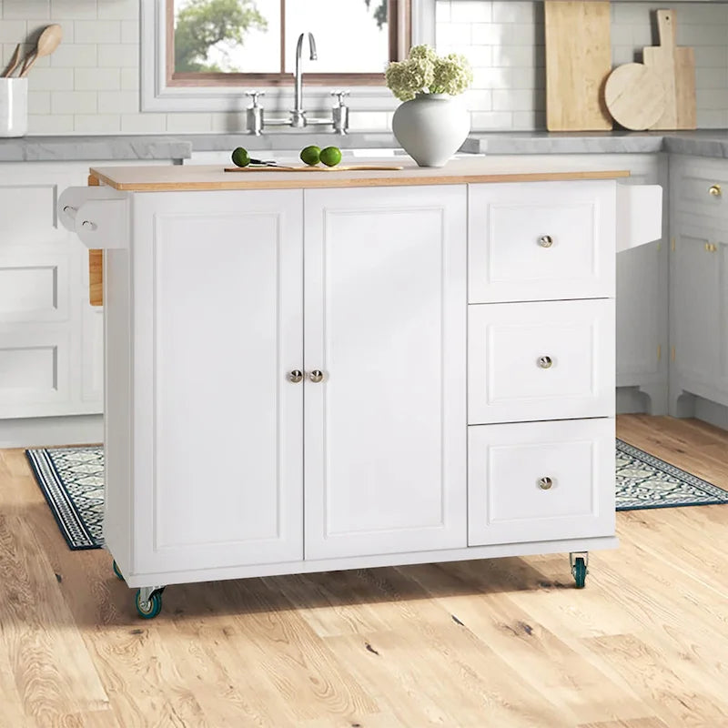 Kitchen Island Cart with Drop-Leaf and Rubber Wood Top, Rolling Kitchen Trolley Cart with Large Storage Cabinet