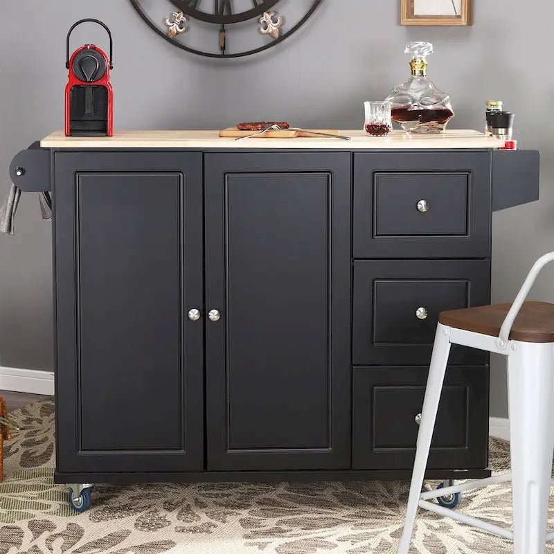 Kitchen Island Cart with Drop-Leaf and Rubber Wood Top, Rolling Kitchen Trolley Cart with Large Storage Cabinet