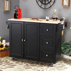 Kitchen Island Cart with Drop-Leaf and Rubber Wood Top, Rolling Kitchen Trolley Cart with Large Storage Cabinet