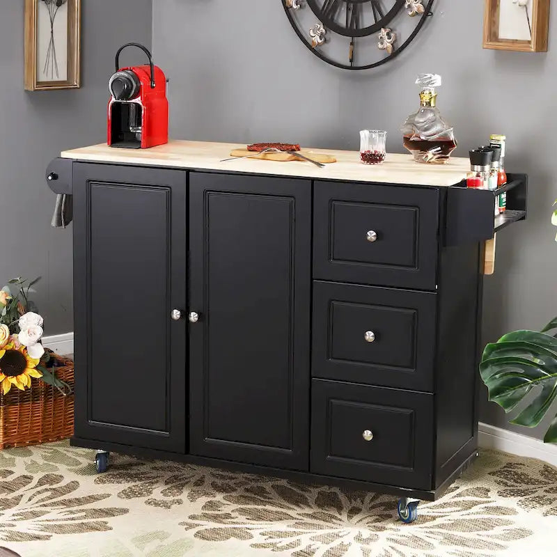 Kitchen Island Cart with Drop-Leaf and Rubber Wood Top, Rolling Kitchen Trolley Cart with Large Storage Cabinet
