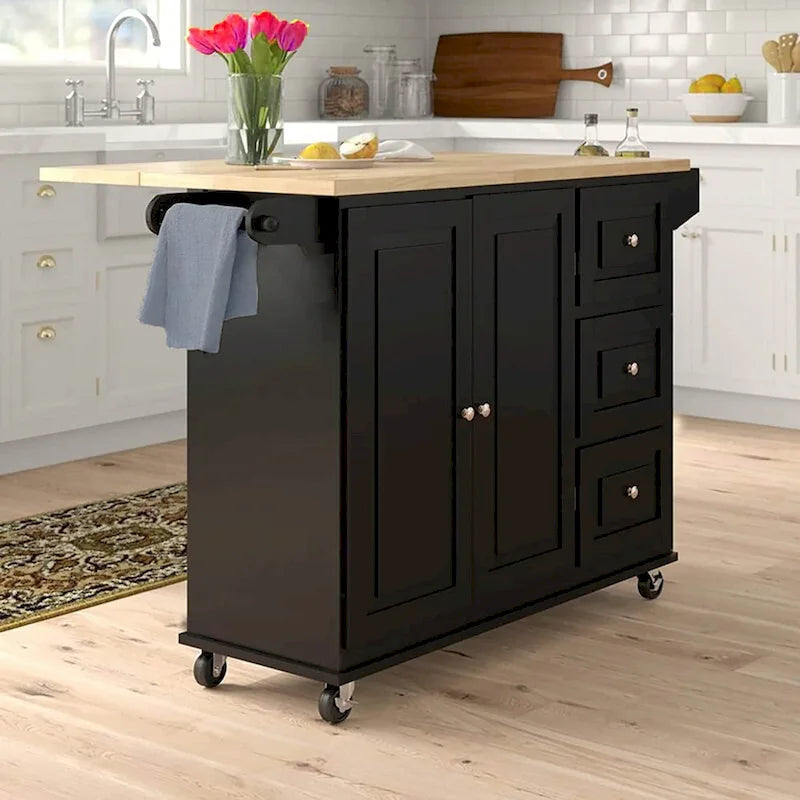 Kitchen Island Cart with Drop-Leaf and Rubber Wood Top, Rolling Kitchen Trolley Cart with Large Storage Cabinet