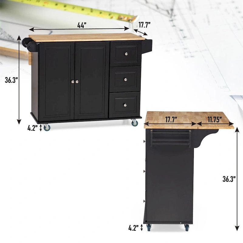 Kitchen Island Cart with Drop-Leaf and Rubber Wood Top, Rolling Kitchen Trolley Cart with Large Storage Cabinet