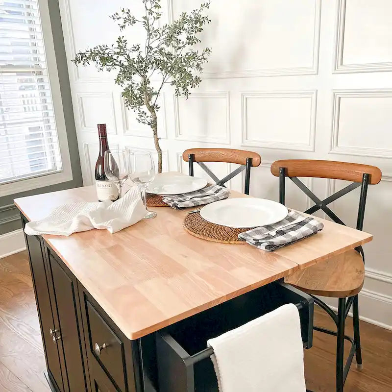 Kitchen Island Cart with Drop-Leaf and Rubber Wood Top, Rolling Kitchen Trolley Cart with Large Storage Cabinet