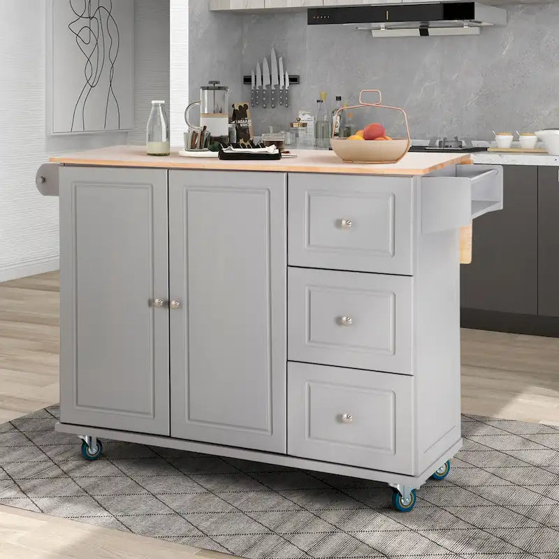 Kitchen Island Cart with Drop-Leaf and Rubber Wood Top, Rolling Kitchen Trolley Cart with Large Storage Cabinet