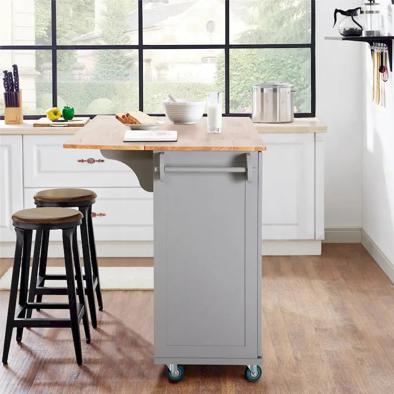 Kitchen Island Cart with Drop-Leaf and Rubber Wood Top, Rolling Kitchen Trolley Cart with Large Storage Cabinet