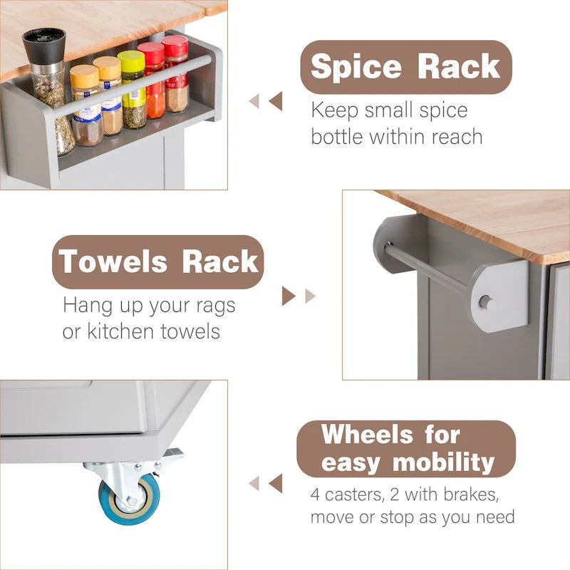 Kitchen Island Cart with Drop-Leaf and Rubber Wood Top, Rolling Kitchen Trolley Cart with Large Storage Cabinet