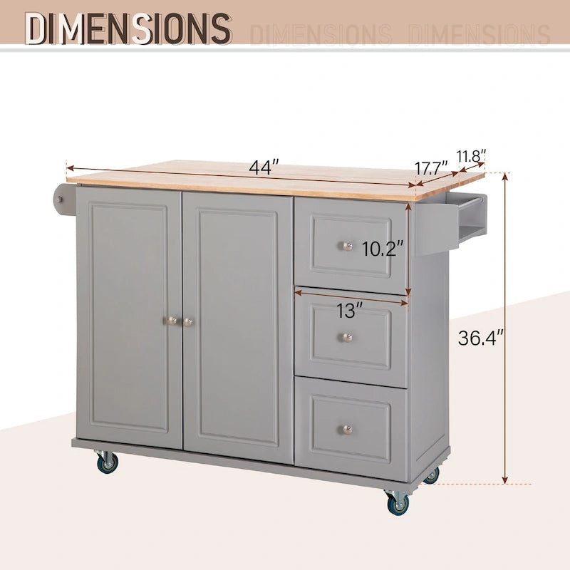 Kitchen Island Cart with Drop-Leaf and Rubber Wood Top, Rolling Kitchen Trolley Cart with Large Storage Cabinet