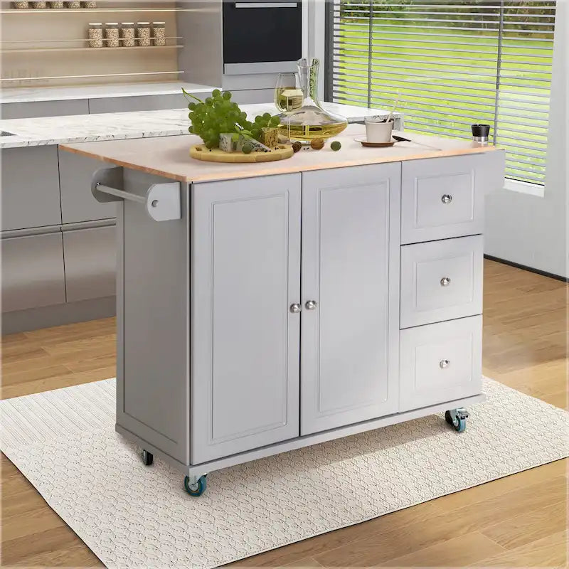 Kitchen Island Cart with Drop-Leaf and Rubber Wood Top, Rolling Kitchen Trolley Cart with Large Storage Cabinet