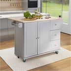 Kitchen Island Cart with Drop-Leaf and Rubber Wood Top, Rolling Kitchen Trolley Cart with Large Storage Cabinet