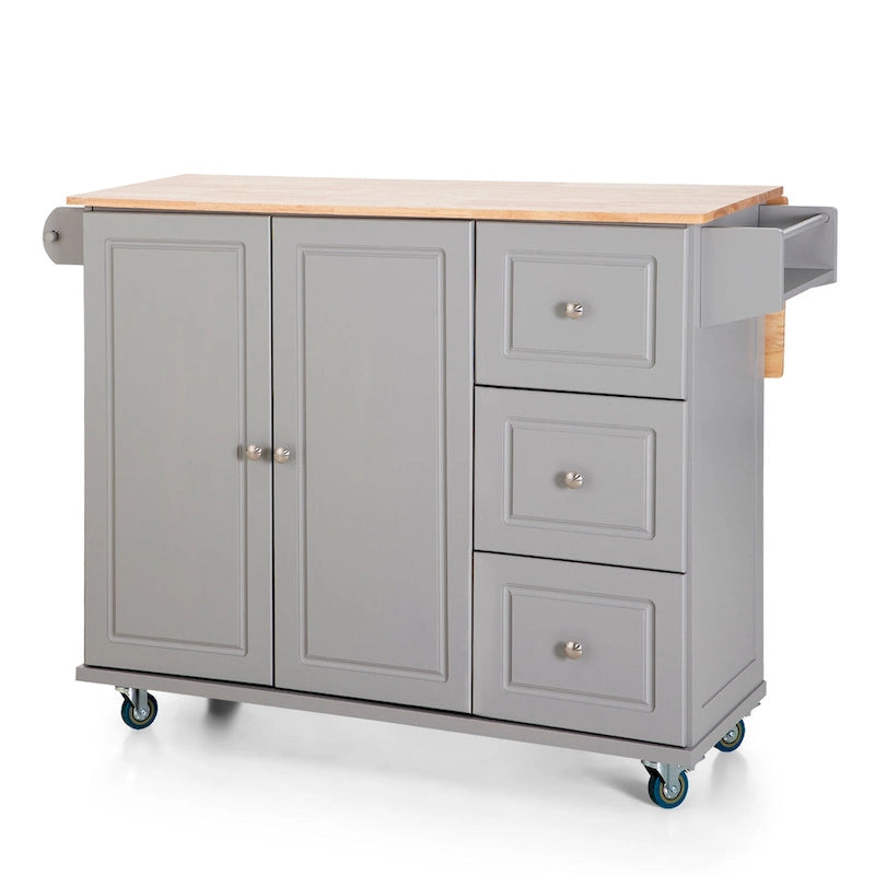 Kitchen Island Cart with Drop-Leaf and Rubber Wood Top, Rolling Kitchen Trolley Cart with Large Storage Cabinet