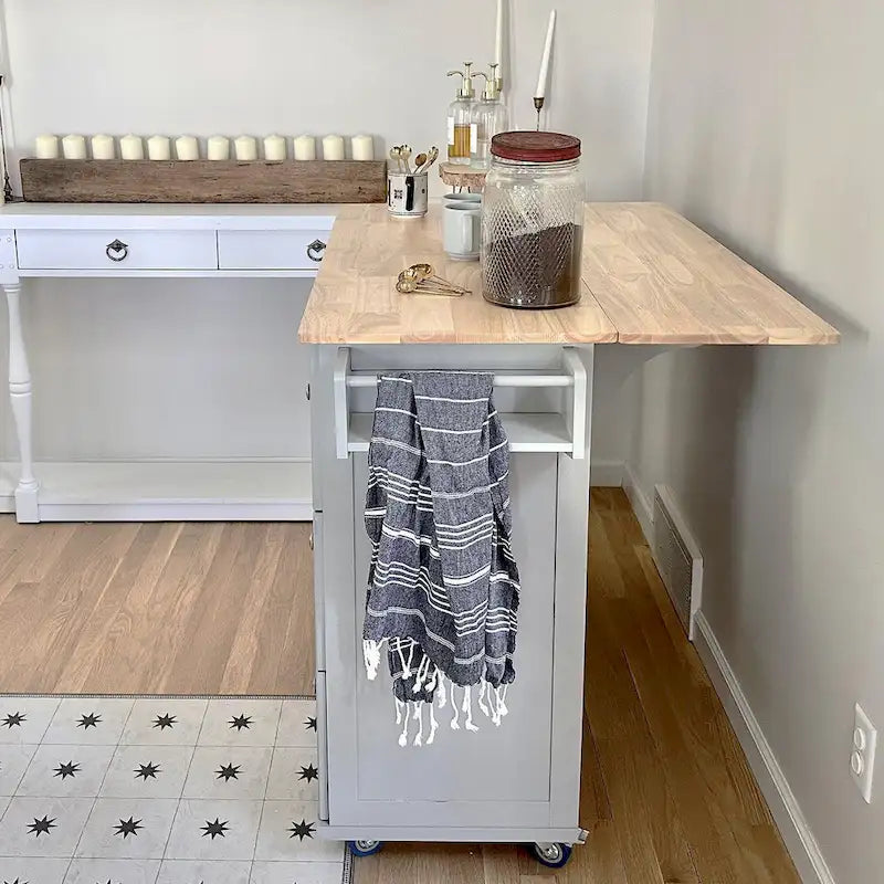 Kitchen Island Cart with Drop-Leaf and Rubber Wood Top, Rolling Kitchen Trolley Cart with Large Storage Cabinet