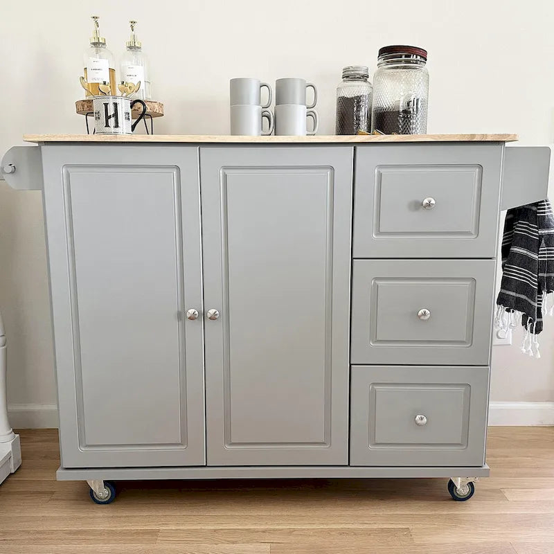 Kitchen Island Cart with Drop-Leaf and Rubber Wood Top, Rolling Kitchen Trolley Cart with Large Storage Cabinet