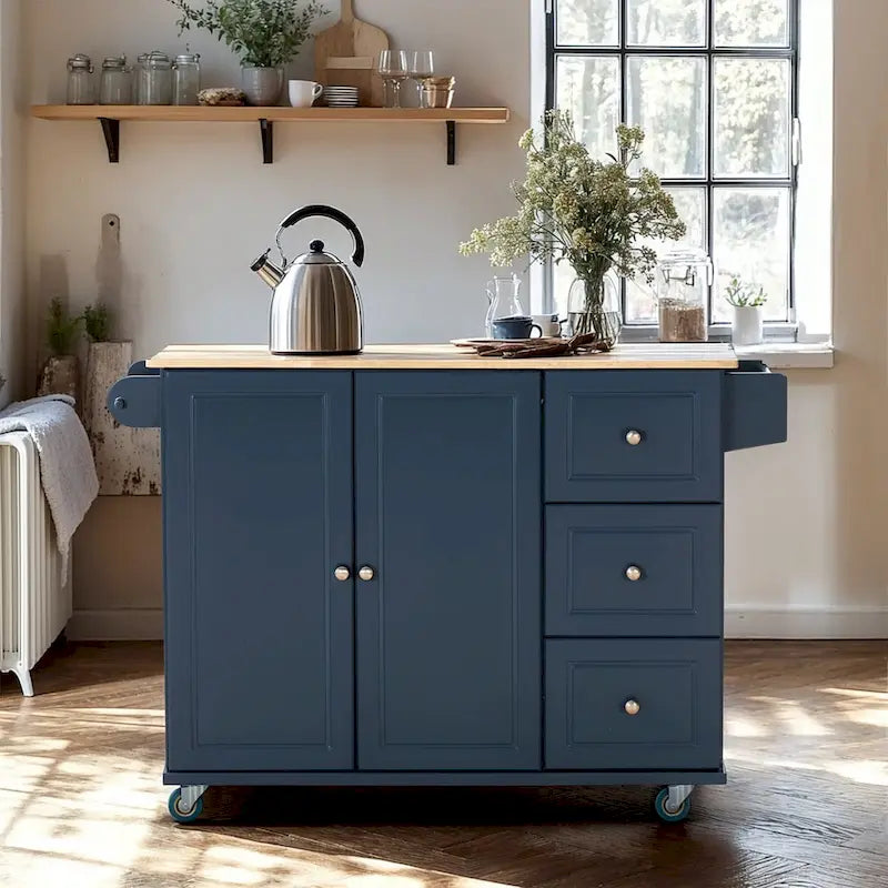 Kitchen Island Cart with Drop-Leaf and Rubber Wood Top, Rolling Kitchen Trolley Cart with Large Storage Cabinet
