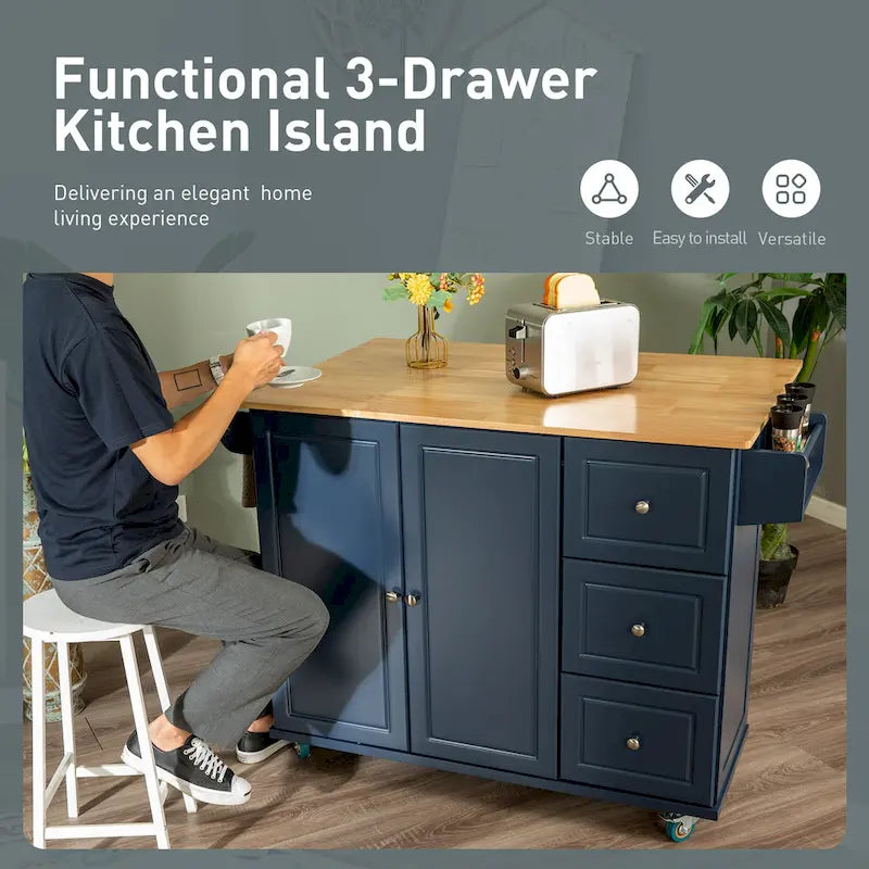 Kitchen Island Cart with Drop-Leaf and Rubber Wood Top, Rolling Kitchen Trolley Cart with Large Storage Cabinet