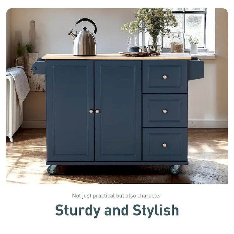 Kitchen Island Cart with Drop-Leaf and Rubber Wood Top, Rolling Kitchen Trolley Cart with Large Storage Cabinet