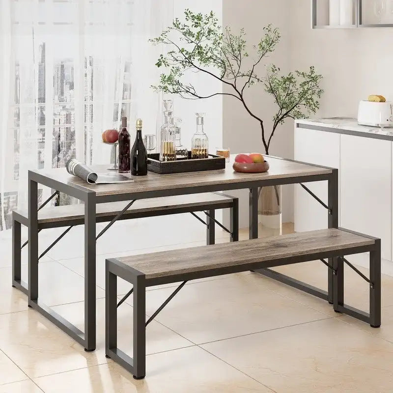 55Dinning Room Table Set for 4-63 Piece Industrial Dining Table Set with 2 Bench for Kitchen