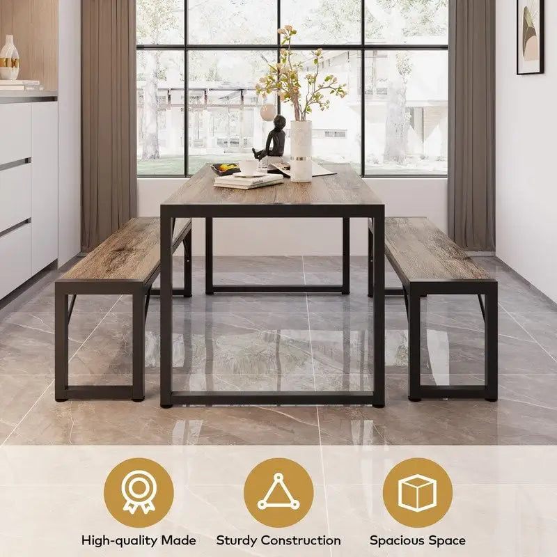 55Dinning Room Table Set for 4-63 Piece Industrial Dining Table Set with 2 Bench for Kitchen