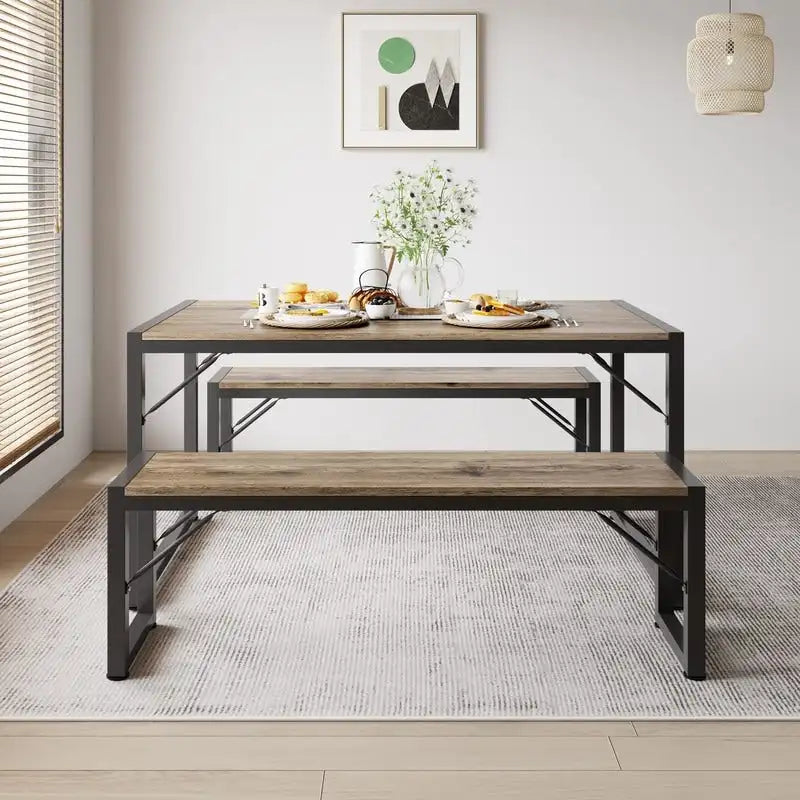 55Dinning Room Table Set for 4-63 Piece Industrial Dining Table Set with 2 Bench for Kitchen