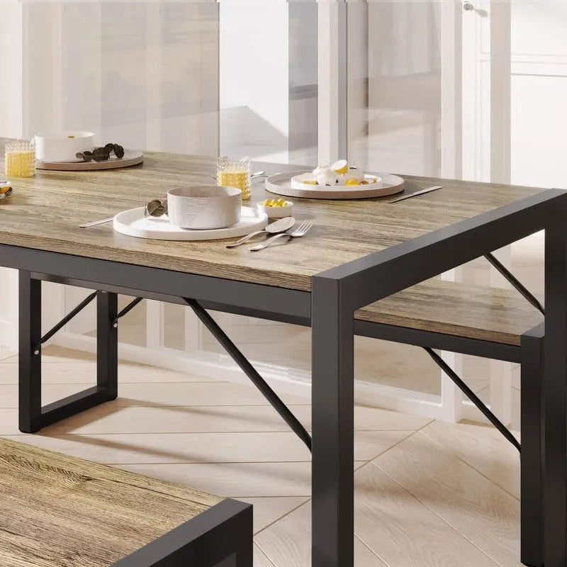 55Dinning Room Table Set for 4-63 Piece Industrial Dining Table Set with 2 Bench for Kitchen
