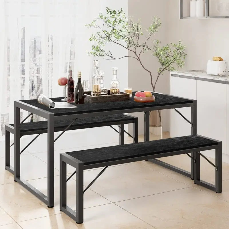 55Dinning Room Table Set for 4-63 Piece Industrial Dining Table Set with 2 Bench for Kitchen