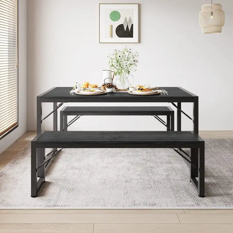 55Dinning Room Table Set for 4-63 Piece Industrial Dining Table Set with 2 Bench for Kitchen