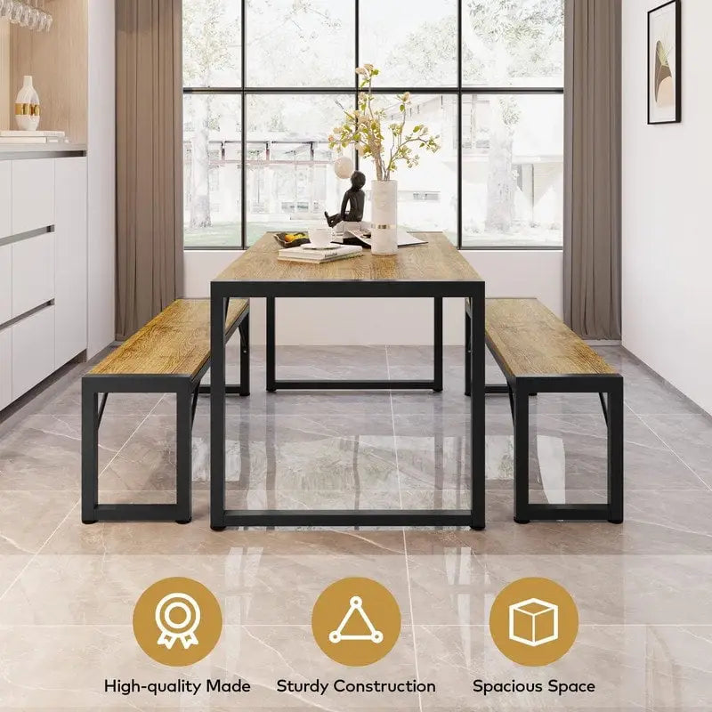 55Dinning Room Table Set for 4-63 Piece Industrial Dining Table Set with 2 Bench for Kitchen