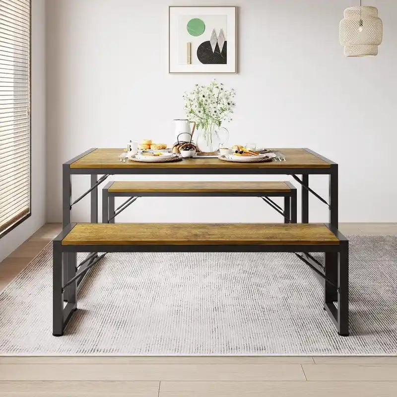 55Dinning Room Table Set for 4-63 Piece Industrial Dining Table Set with 2 Bench for Kitchen