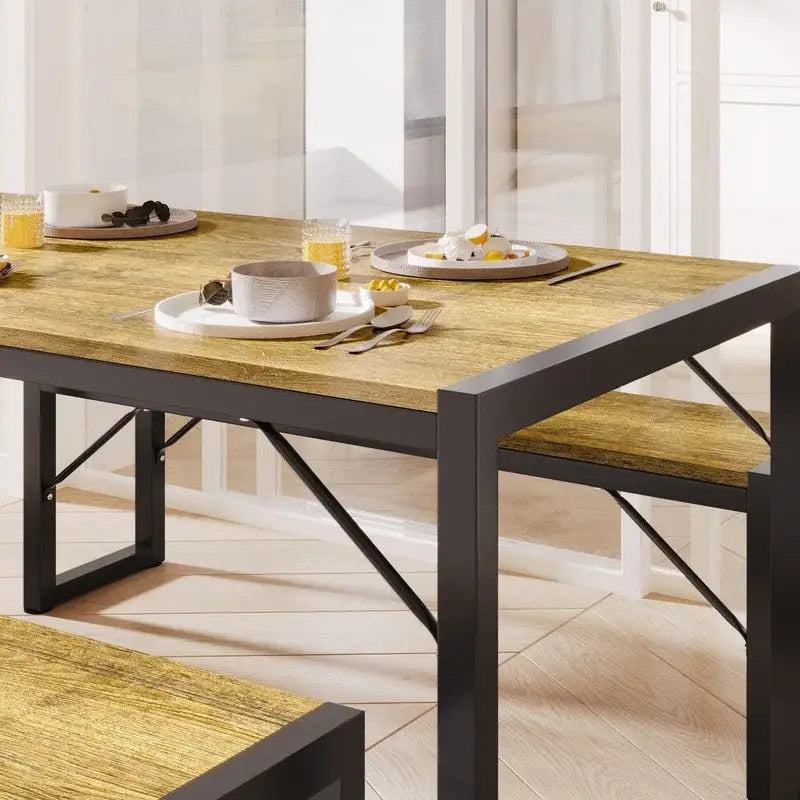 55Dinning Room Table Set for 4-63 Piece Industrial Dining Table Set with 2 Bench for Kitchen