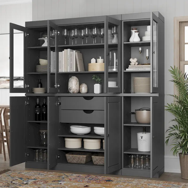100% Solid Wood Kitchen China Pantry Buffet with Glass or Solid Wood  and 2-Drawer Kit by  - 65 x 71.5