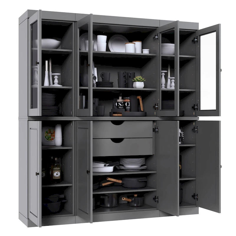 100% Solid Wood Kitchen China Pantry Buffet with Glass or Solid Wood Doors and 2-Drawer Kit by Palace Imports - 65 x 71.5