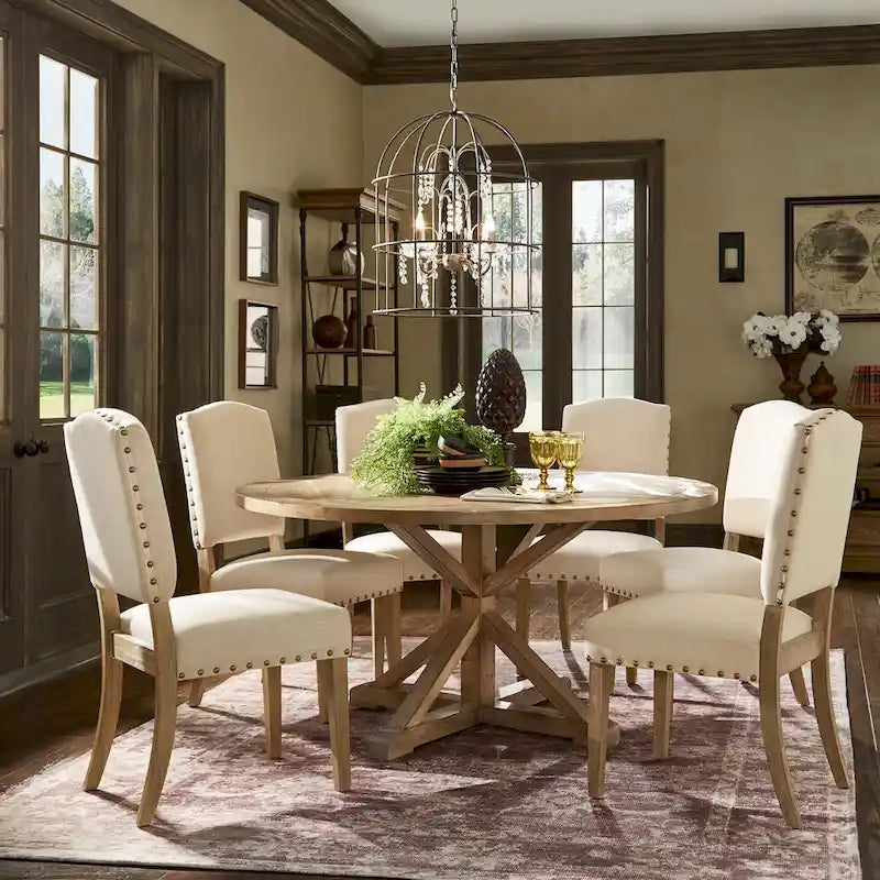 Benchwright Rustic X-base Round Pine Wood Nailhead 7-piece Dining Set by