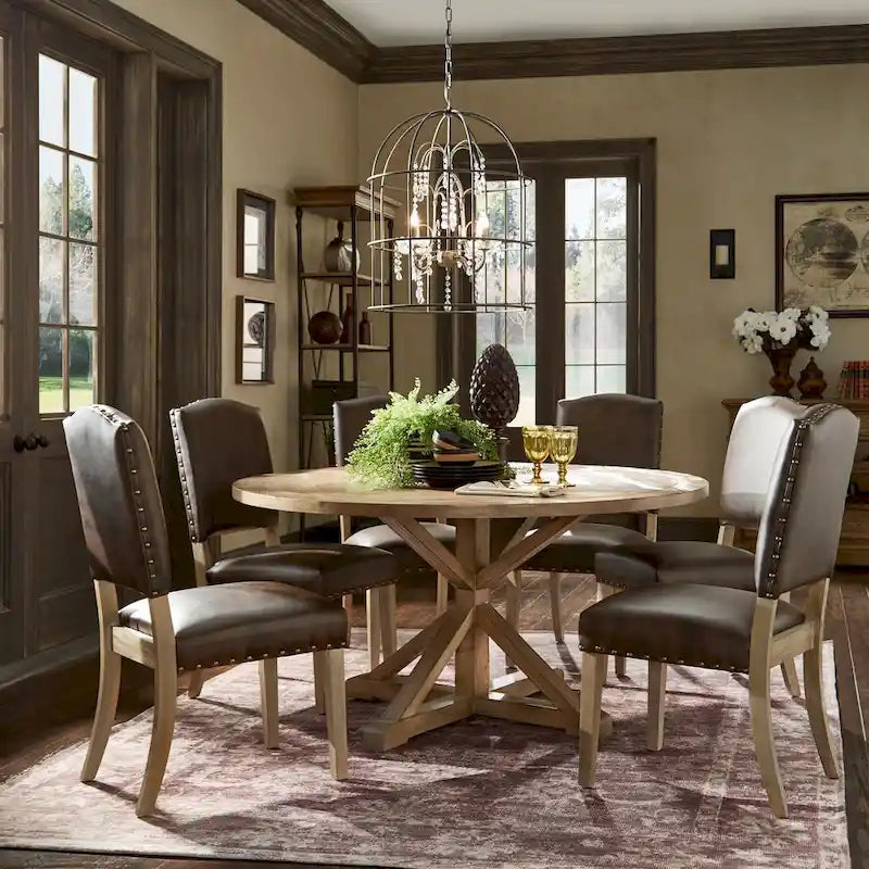Benchwright Rustic X-base Round Pine Wood Nailhead 7-piece Dining Set by