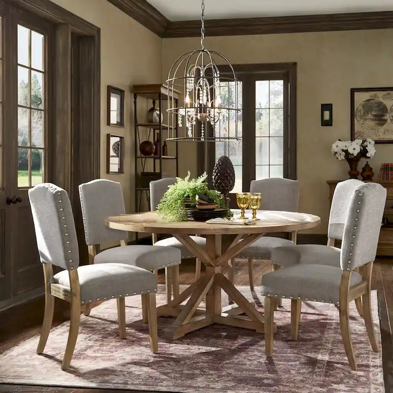 Benchwright Rustic X-base Round Pine Wood Nailhead 7-piece Dining Set by