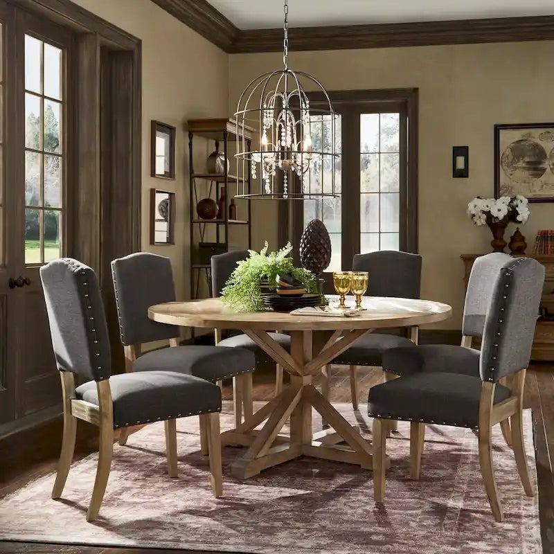 Benchwright Rustic X-base Round Pine Wood Nailhead 7-piece Dining Set by 